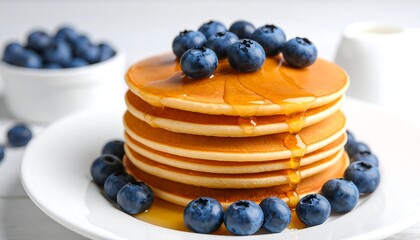 Stack of pancakes topped with blueberries and honey