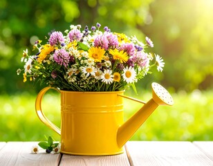 Vibrant wildflowers in a yellow watering can
