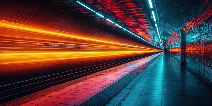 Dynamic subway scene with vibrant light trails, showcasing the rush of urban transit and modern architecture, perfect for travel and city life themes.