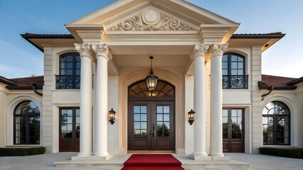 Fototapeta premium Grand Luxury Mansion Entrance with Red Carpet and Classic Corinthian Columns at Sunset