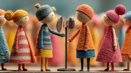 Close up of handcrafted paper people podcasting in bright cheerful recording environment