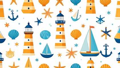 Nautical pattern with lighthouses, sailboats, shells, and starfish