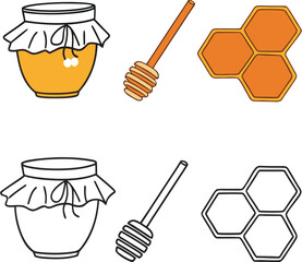 Coloring book for kids honey in a jar and honeycomb