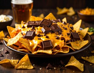A plate of loaded nachos with melted cheese and dark chocolate chunks, served with a glass of beer on a wooden table.