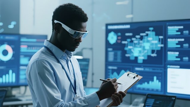 Technician recording and analyzing in an intelligent monitoring room, combining tech elements, showcasing data visualization management and smart office applications.