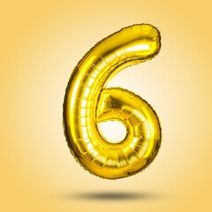 A golden number six balloon on a bright yellow background. Ideal for birthdays and celebrations,...