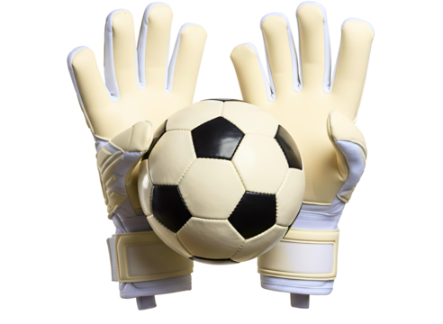 Goalkeeper gloves holding a soccer ball isolated on transparent background