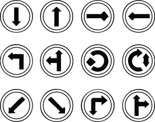 Road Traffic Arrows. Round Signs. Vector Icons. Back, Forward, Right and Left Arrows. Straight or Right, Straight or Left. Roundabout. Keep Left or Right