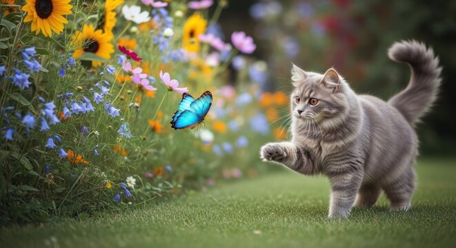 A fluffy gray cat playfully reaches for a blue butterfly in a vibrant flower garden - Powered by Adobe