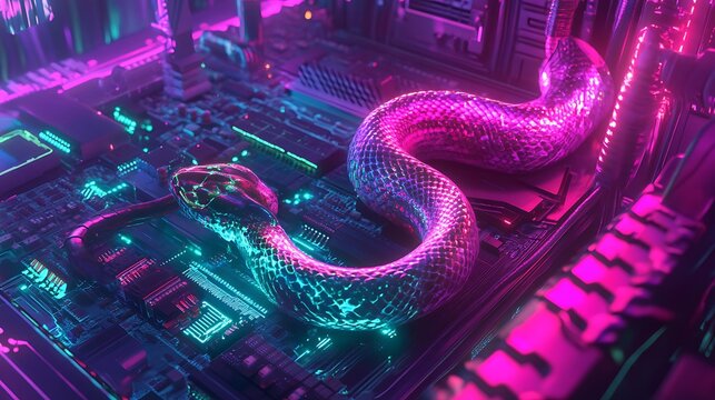 A neon snake coiling around a glowing circuit board in a high-tech jungle