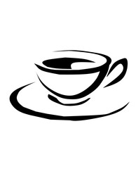 Minimalist black and white coffee cup silhouette illustration. Perfect for café logos, menu designs, stickers, or decorative coffee-themed elements.