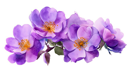 Obraz premium Watercolor illustration of delicate purple flowers with yellow centers, isolated on a transparent background. Ideal for botanical, seasonal, and artistic design use.