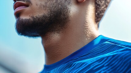 Obraz premium Sportsman wearing blue shirt with sweat, looking downward.