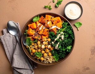 A bowl of healthy food featuring roasted sweet potatoes, chickpeas, kale, quinoa, and a creamy sauce, served with a spoon and napkin.