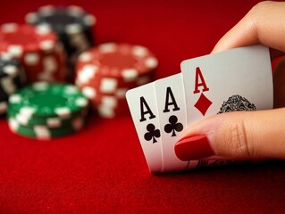 Hand holding blackjack cards and a hand of poker chips. Gambling game on a red table with casino atmosphere.