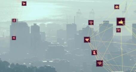 Misty city skyline opening with red icons emerging and linking lines representing social network - Powered by Adobe