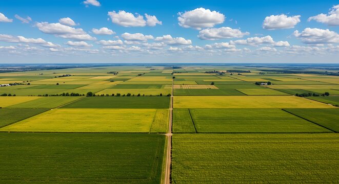 Scenic aerial view of vast agricultural farmland with a patchwork of green and yellow crop fields under a beautiful blue sky