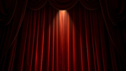 Dramatic red velvet theater curtains with golden details, illuminated by a spotlight.