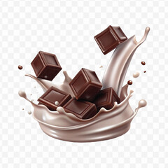 abstract 3d smooth liquid milk splash with chocolate bar in different style isolated on transparent background