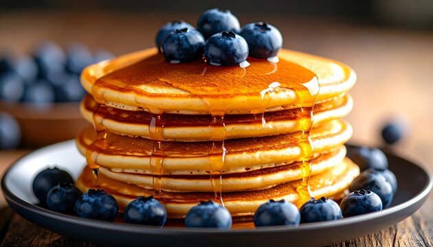 Stack of pancakes with blueberries and syrup
