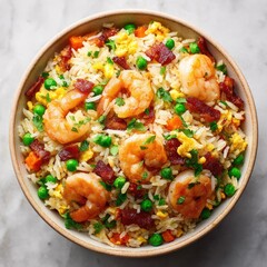 Fototapeta premium Delicious shrimp fried rice with bacon and peas.
