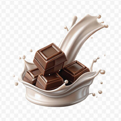 abstract 3d smooth liquid milk splash with chocolate bar in different style isolated on transparent background