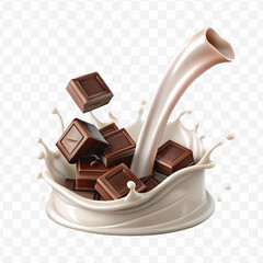 abstract 3d smooth liquid milk splash with chocolate bar in different style isolated on transparent background