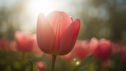 Close up of a pink tulip with sun flare in a flower garden