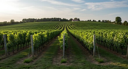 Naklejka premium A picturesque vineyard with orderly rows of lush green grapevines stretching across a rolling hill at sunset.