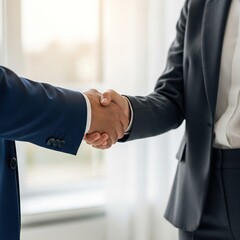 Two people in suits shaking hands indoors symbolizing agreement or partnership.