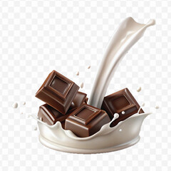 abstract 3d smooth liquid milk splash with chocolate bar in different style isolated on transparent background