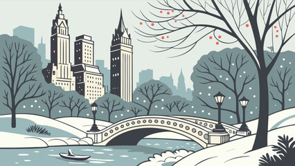 Winter in central park new york city landscape with bridge and buildings snow scene illustration