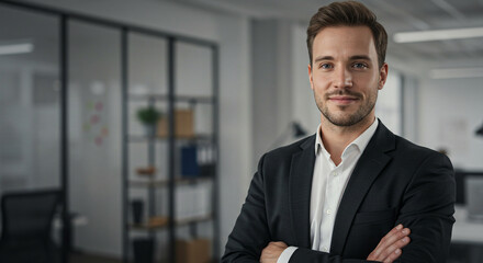 Confident Businessman in Suit Standing in Modern Office Corporate Portrait