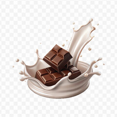 abstract 3d smooth liquid milk splash with chocolate bar in different style isolated on transparent background
