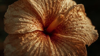 Macro shot of a dried orange hibiscus flower showing detailed texture