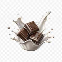 abstract 3d smooth liquid milk splash with chocolate bar in different style isolated on transparent background