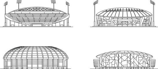 Modern stadium front elevation vector, detailed CAD architecture line art, sports arena blueprint, outline sketch, isolated black illustration