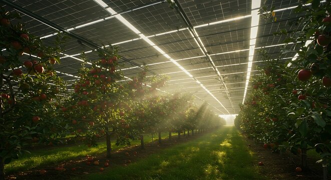 A futuristic apple orchard flourishing under a canopy of solar panels, showcasing sustainable agrivoltaics farming technology