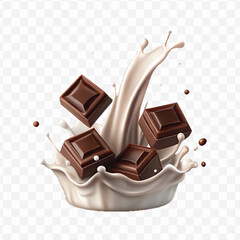 abstract 3d smooth liquid milk splash with chocolate bar in different style isolated on transparent background