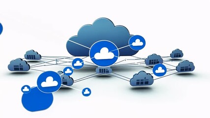 Cloud computing network illustration showing interconnected systems with clouds and data nodes - Powered by Adobe