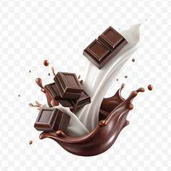 abstract 3d smooth liquid milk splash with chocolate bar in different style isolated on transparent background