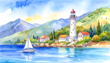 Watercolor seascape with lighthouse and sailboat