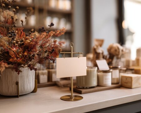 Autumnal floral arrangement with blank sign in retail setting