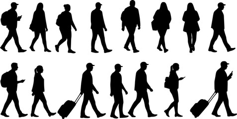 silhouettes of people walking , Silhouettes of people walking with luggage and bags travel on transparent background , no background
