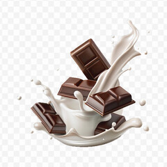 abstract 3d smooth liquid milk splash with chocolate bar in different style isolated on transparent background