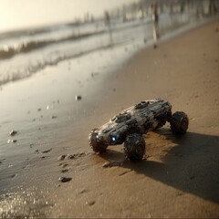 Obraz premium A forgotten futuristic machine lies half-buried in sunlit sand, textures worn by time, evoking silence, mystery, and a sense of quiet decay.