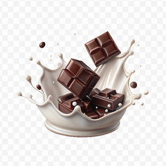 abstract 3d smooth liquid milk splash with chocolate bar in different style isolated on transparent background