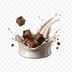 abstract 3d smooth liquid milk splash with chocolate bar in different style isolated on transparent background