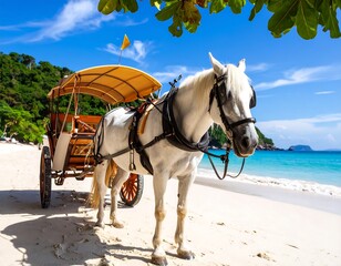 White horse-drawn carriage on a tropical beach