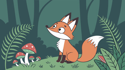 Obraz premium Cute cartoon fox in forest illustration vector art for kids books and woodland animal designs and prints